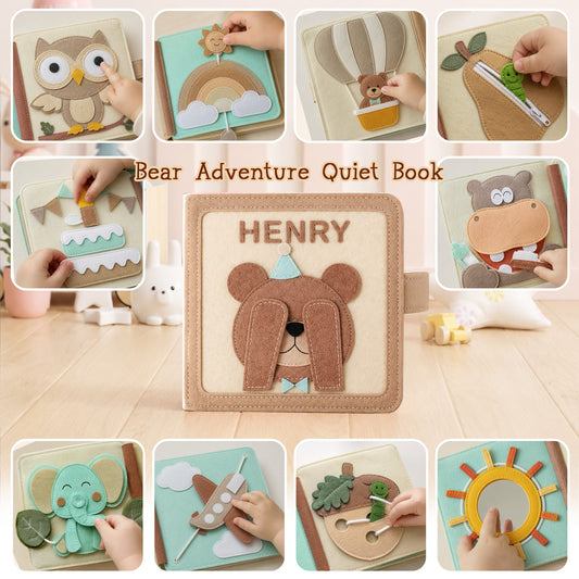 Teddy Theme - Personalized Busy Book For Kids, Handmade Felt Quite Book, Montessori Fabric Busy Book