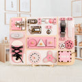 Pink and wooden activity board with various educational elements on a light background