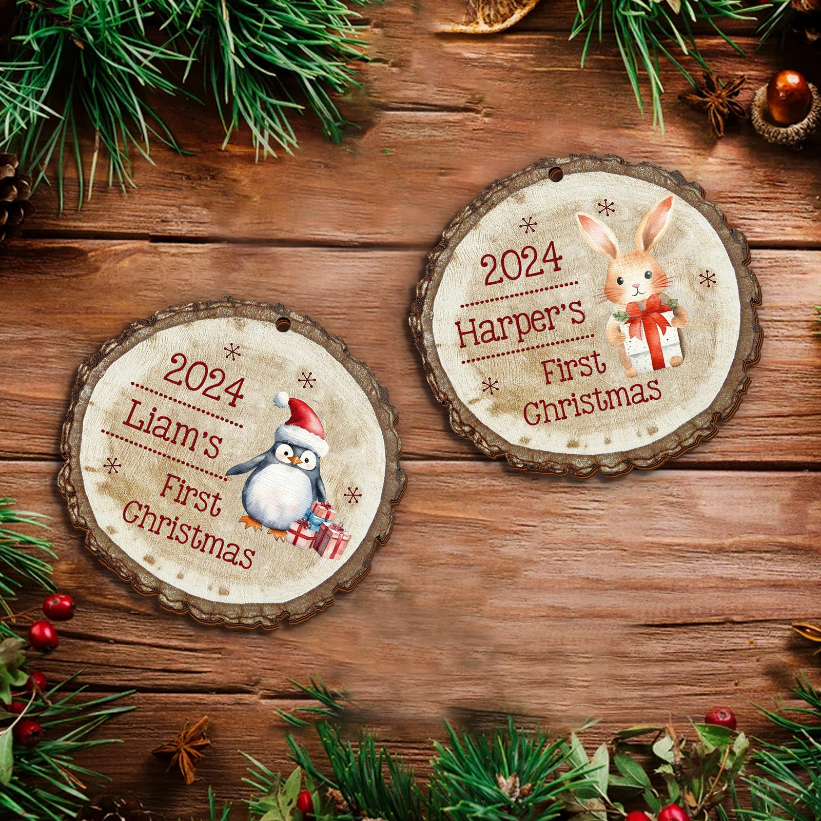 Baby Reindeer Rustic Round Wooden Ornament, Christmas 2024 Keepsake Ornament CF549 - Kindlytoys