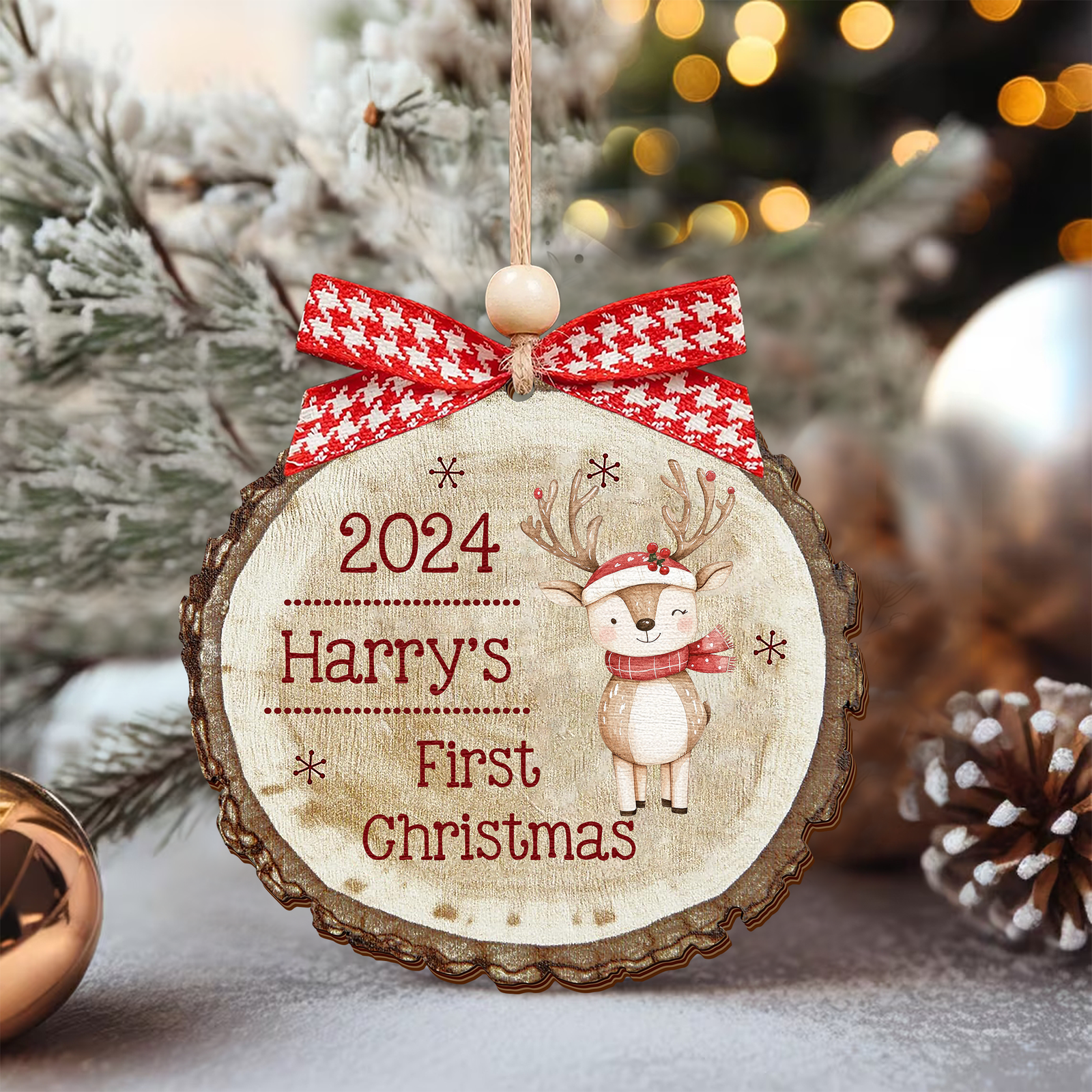 Baby Reindeer Rustic Round Wooden Ornament, Christmas 2024 Keepsake Ornament CF549 - Kindlytoys