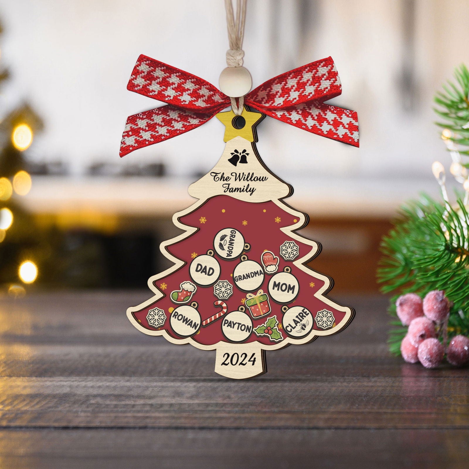 Custom Family Names Christmas Tree Decorations, Family Wooden Ornaments CF207 - Kindlytoys