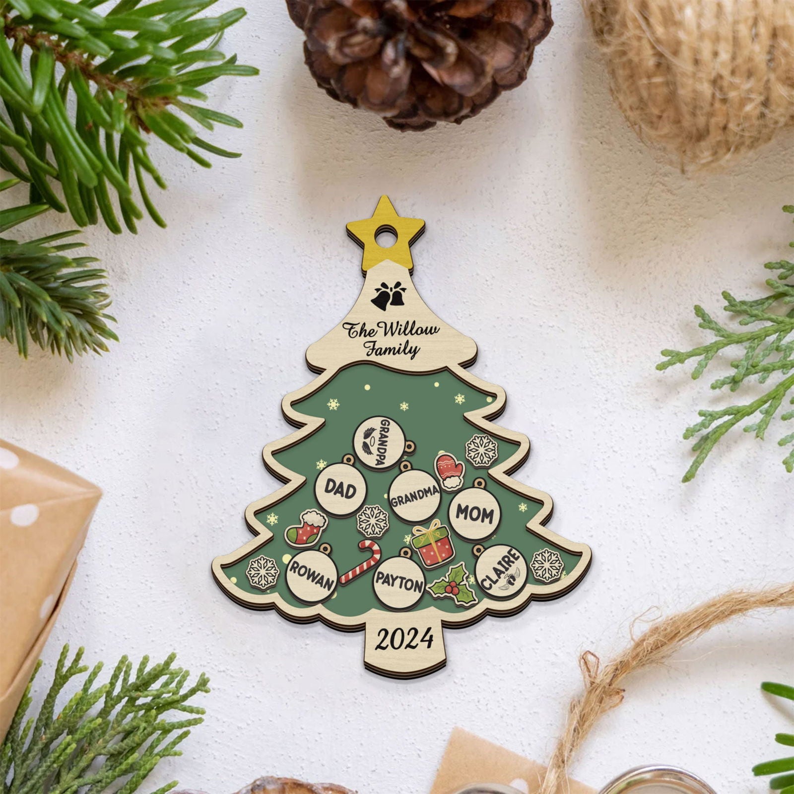 Custom Family Names Christmas Tree Decorations, Family Wooden Ornaments CF207 - Kindlytoys