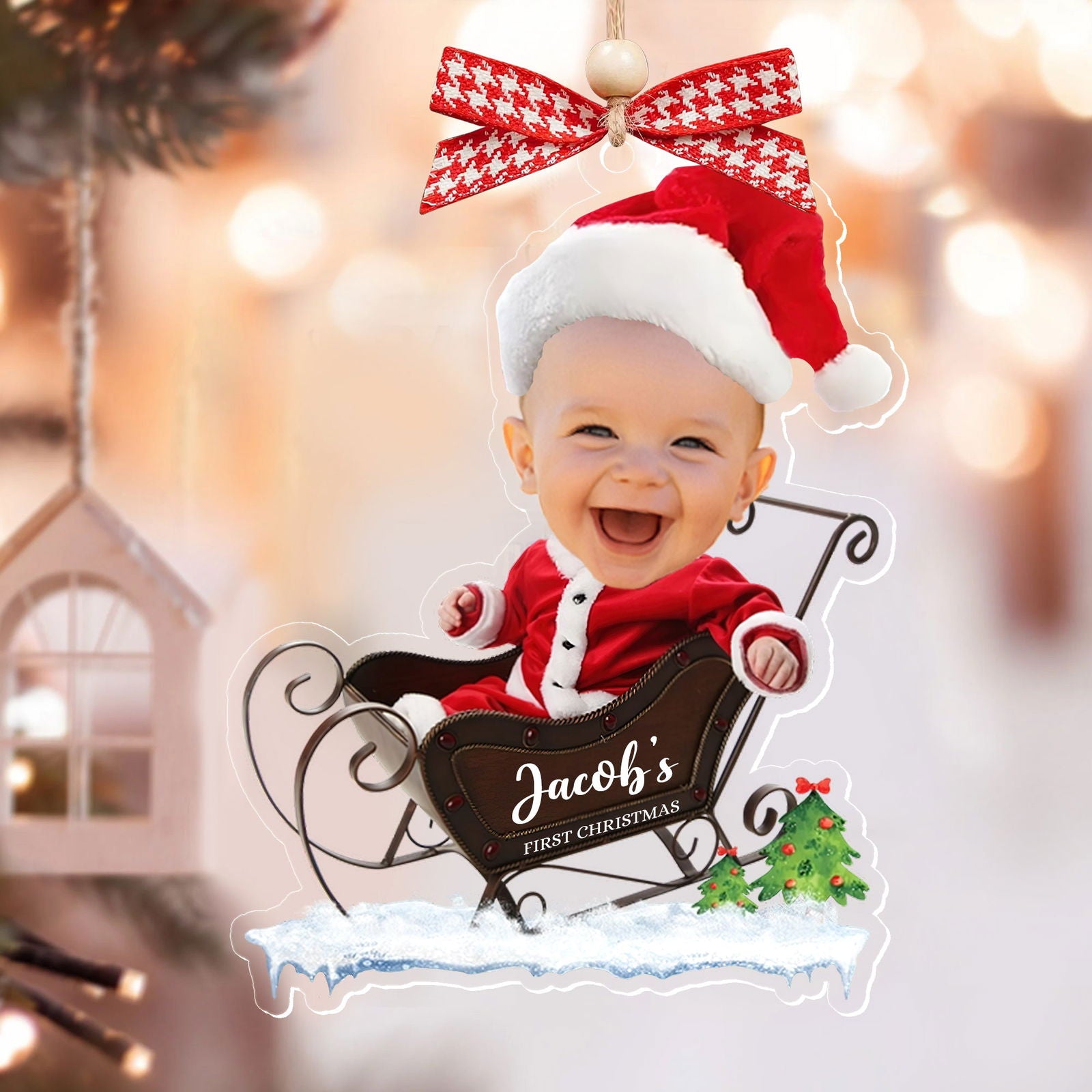 Custom Name Baby Santa Sleigh Christmas Tree Ornament - Custom Baby's First Christmas Keepsake CF629 - Kindlytoys