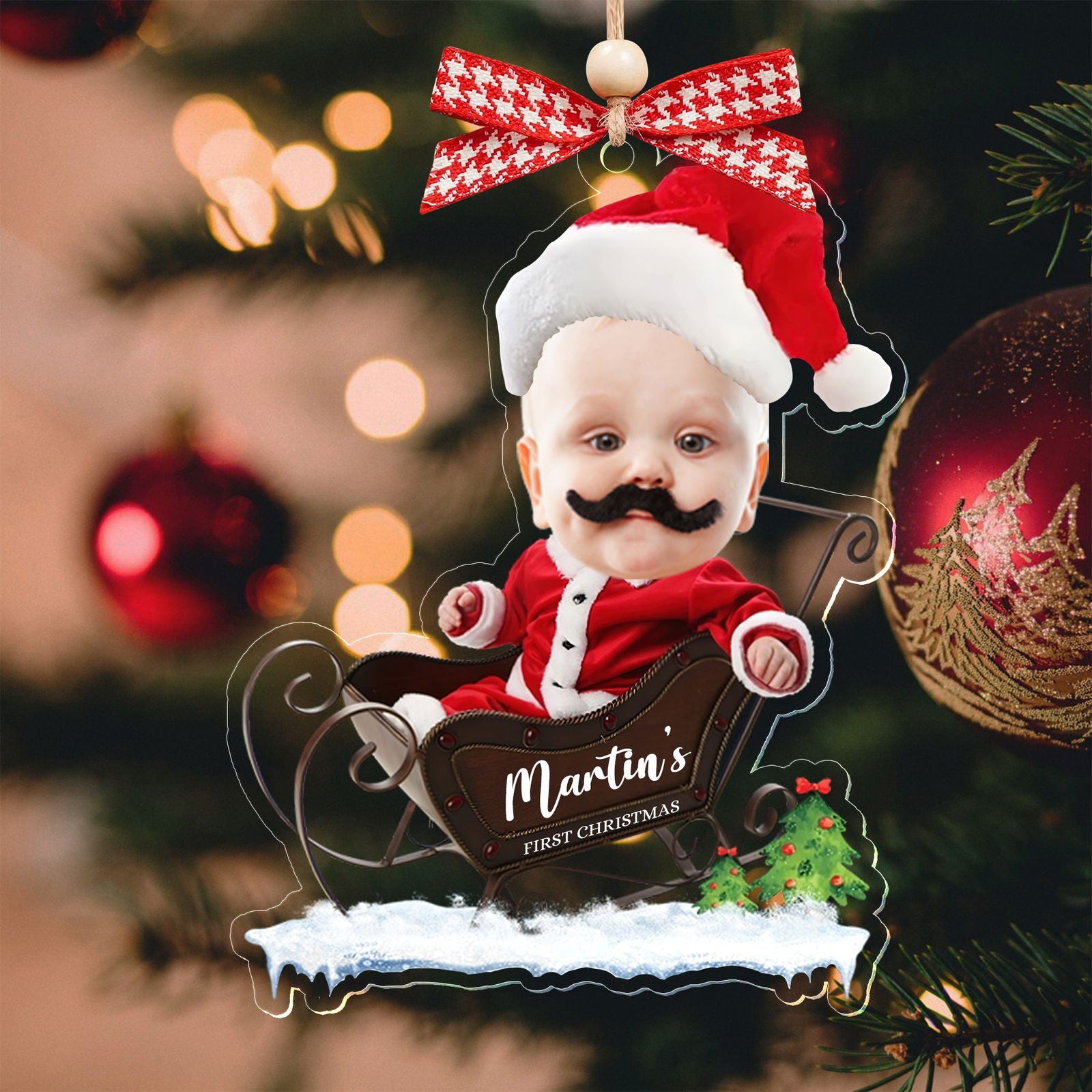 Custom Name Baby Santa Sleigh Christmas Tree Ornament - Custom Baby's First Christmas Keepsake CF629 - Kindlytoys