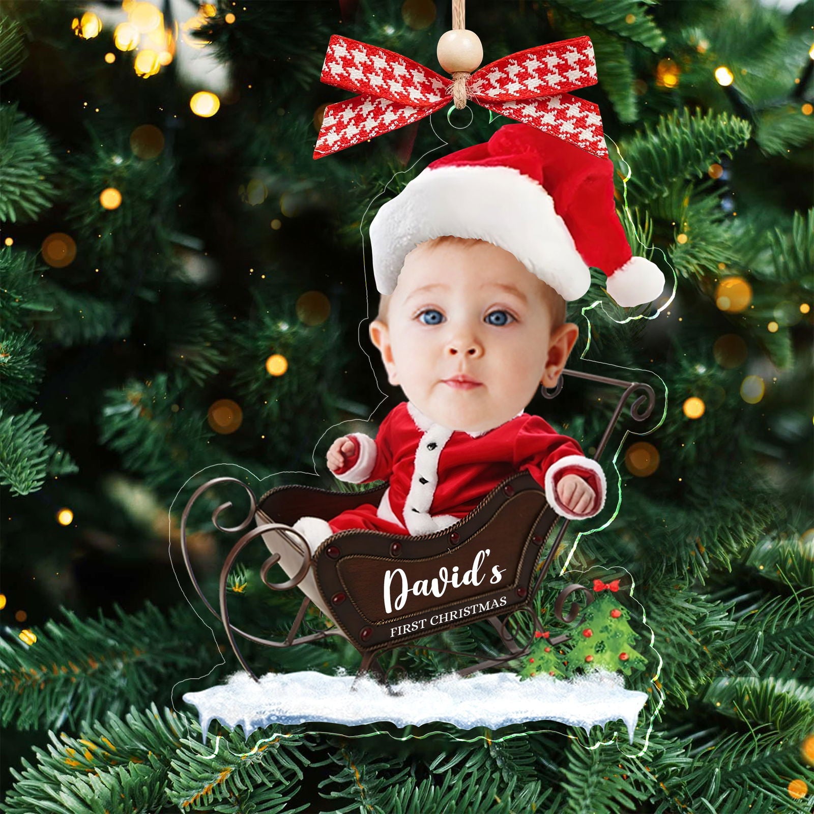 Custom Name Baby Santa Sleigh Christmas Tree Ornament - Custom Baby's First Christmas Keepsake CF629 - Kindlytoys