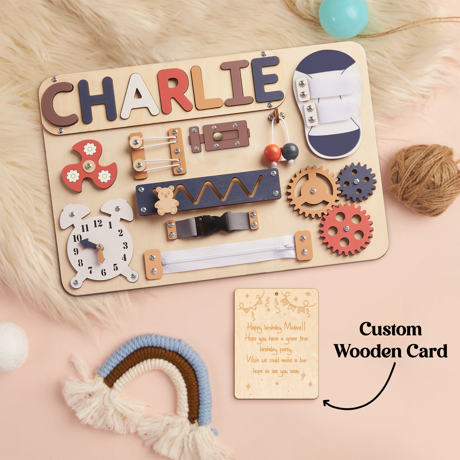 Customized Montessori Busy Board With Baby Name - Wooden Montessori Toys | KindlyToys, BB10 - Kindlytoys
