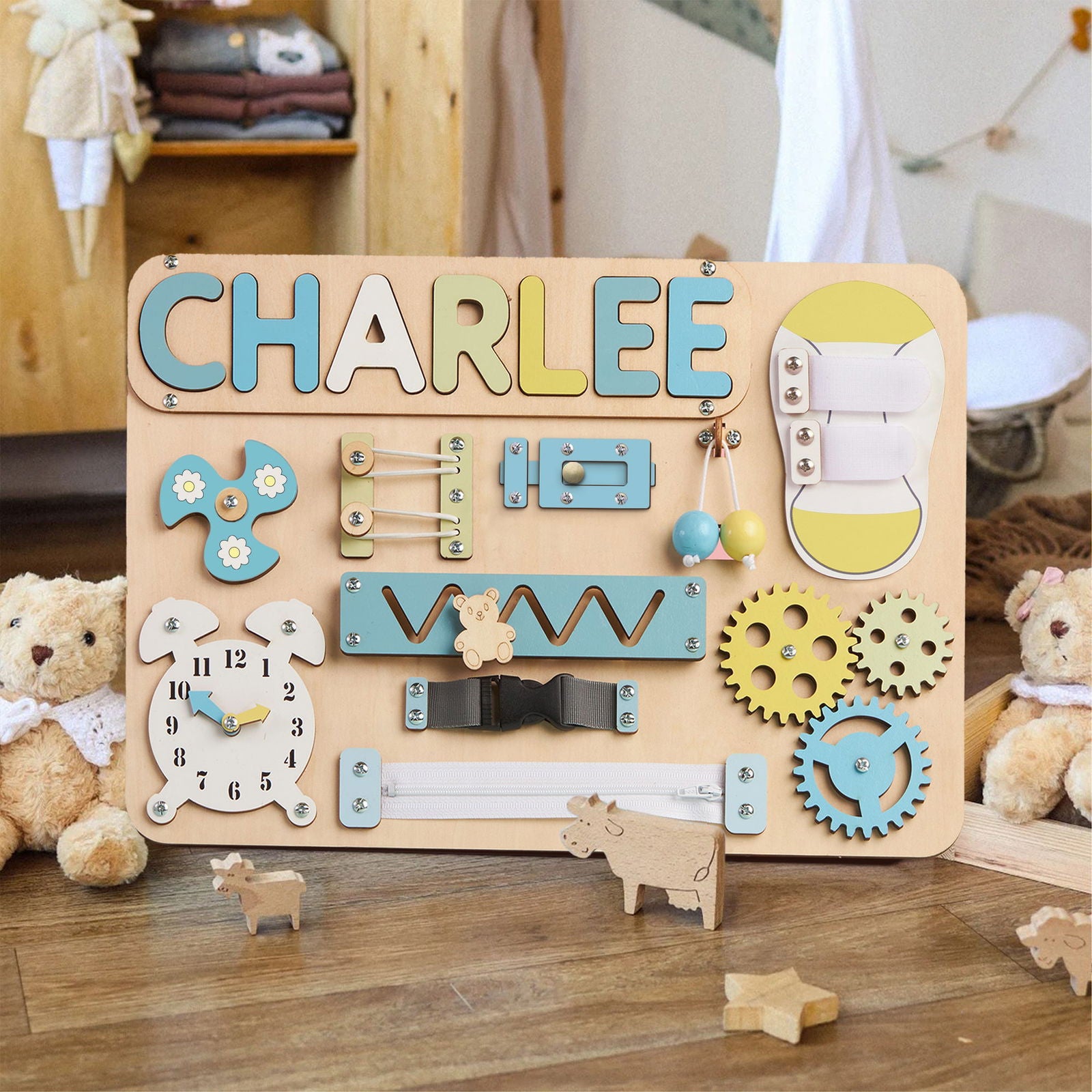 Customized Montessori Busy Board With Baby Name - Wooden Montessori Toys | KindlyToys, BB10 - Kindlytoys