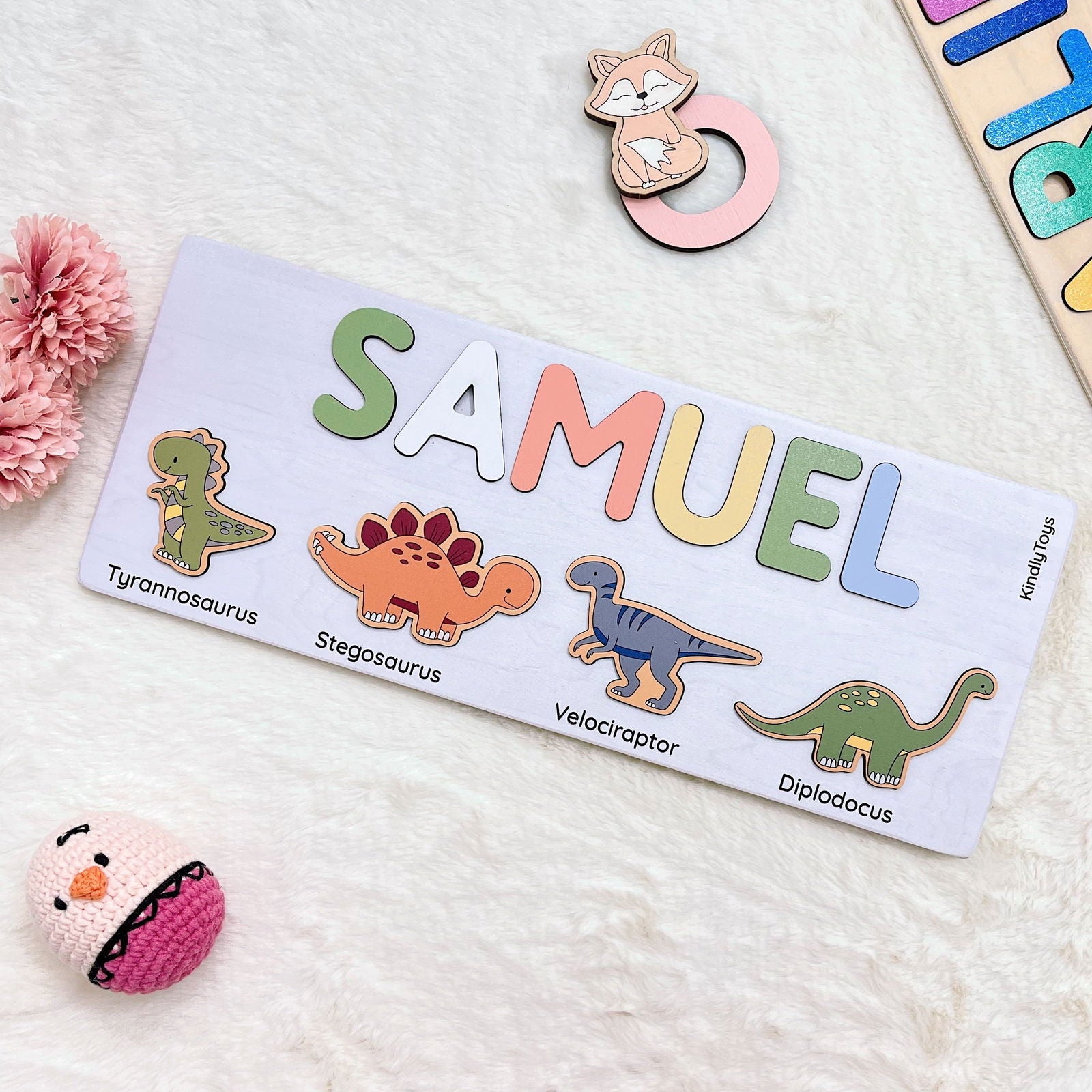 Cute Dinosaurs Name Puzzle For Toddlers, Baby Name Wooden Puzzle, Wooden Montessori Toys, 1st Birthday Gifts For Kids, First Christmas Gifts idea NP07 - Kindlytoys