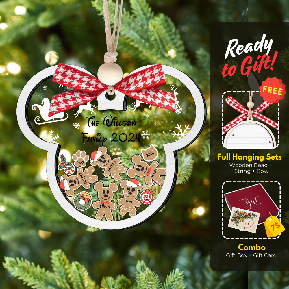 Gingerbread Mickey Mouse Family Ornament, Personalized Family Ornaments With Pets, 3 Layer Wooden Ornament CF74 - Kindlytoys