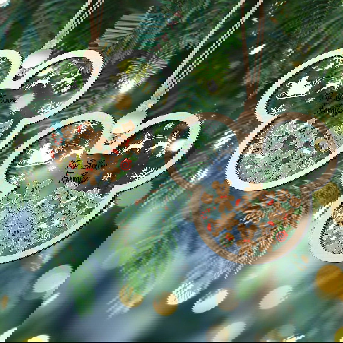 Gingerbread Mickey Mouse Family Ornament, Personalized Family Ornaments With Pets, 3 Layer Wooden Ornament CF74 - Kindlytoys