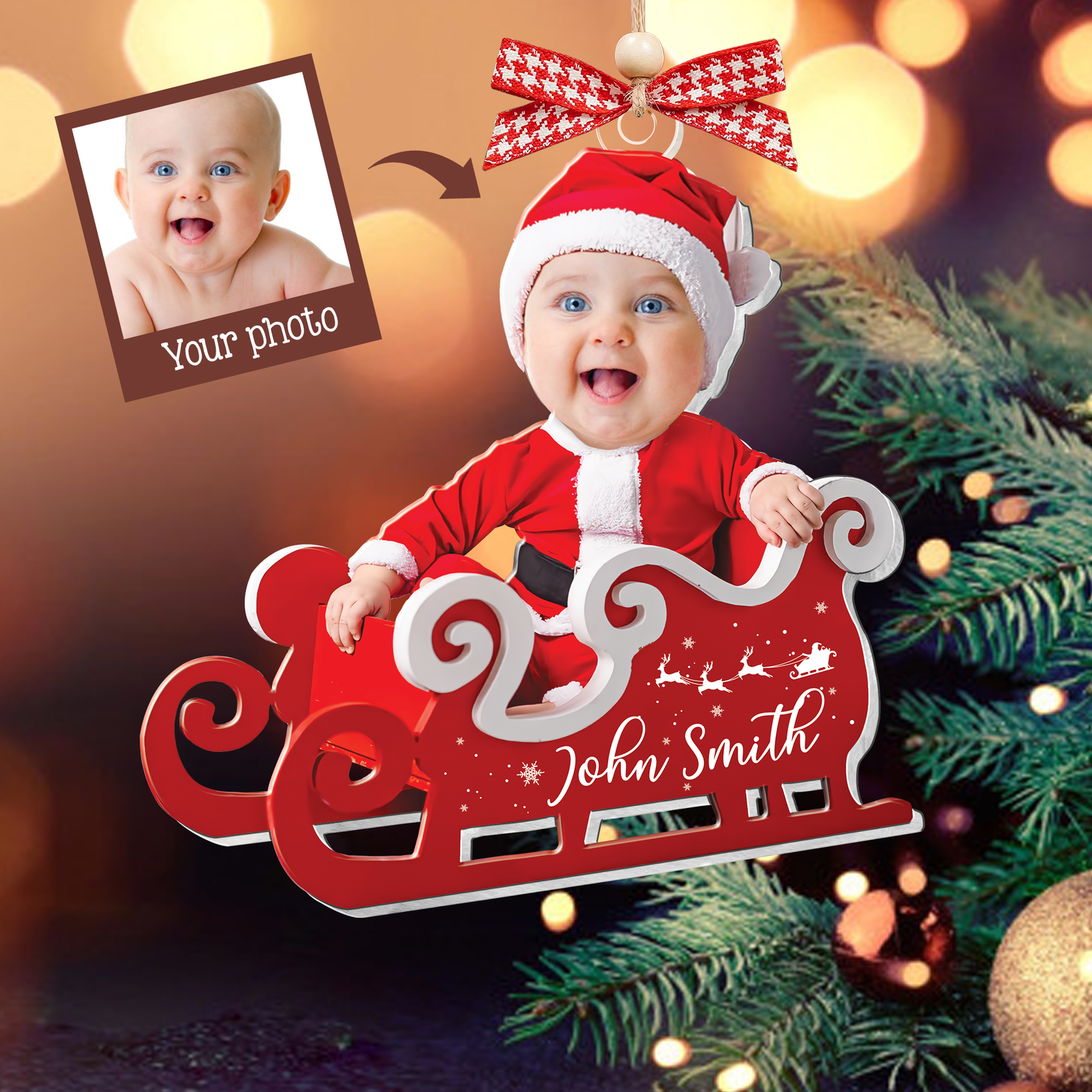 Personalized Baby in Sleigh Photo Ornaments, Adorable Newborn Baby Face Ornament CF612 - Kindlytoys