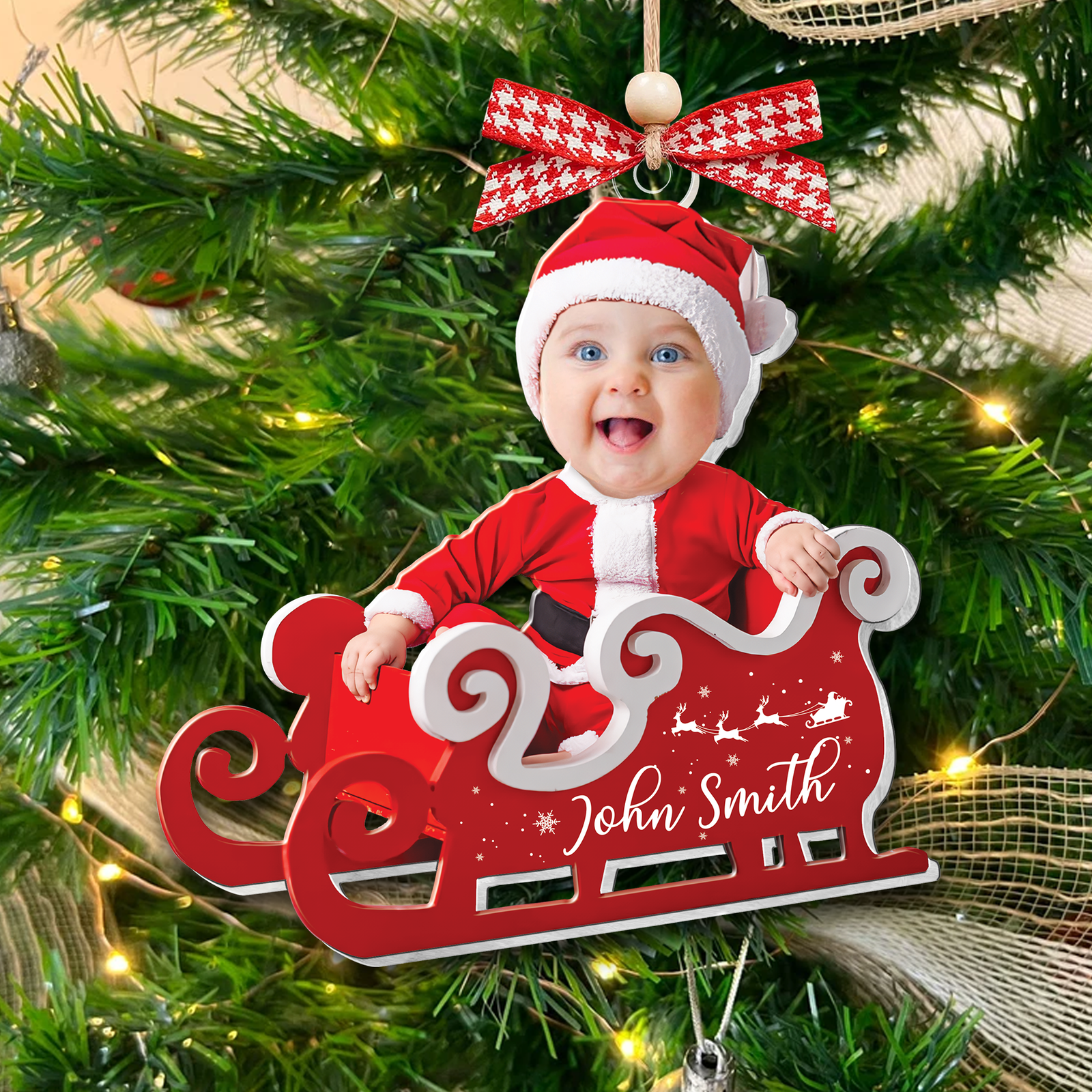 Personalized Baby in Sleigh Photo Ornaments, Adorable Newborn Baby Face Ornament CF612 - Kindlytoys