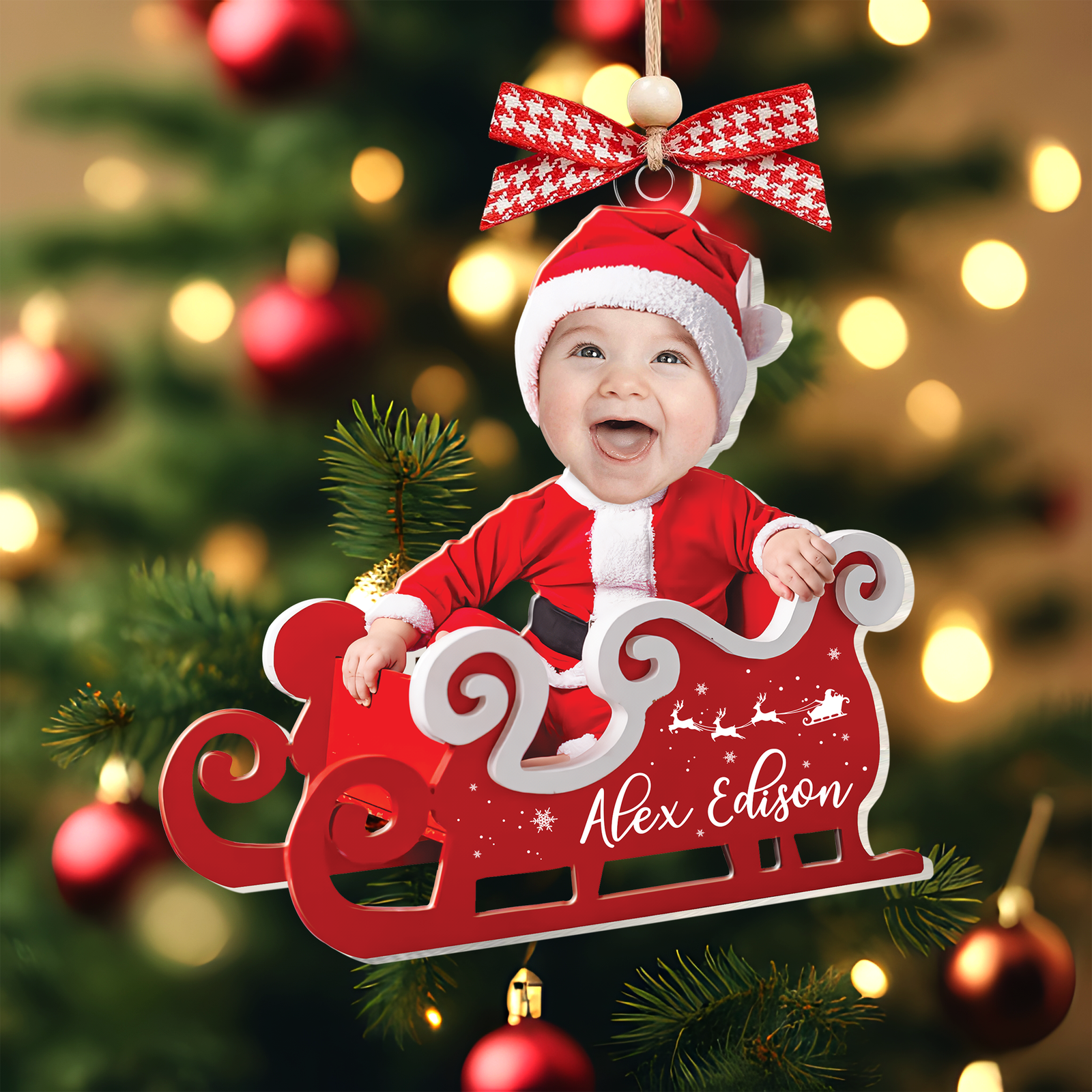 Personalized Baby in Sleigh Photo Ornaments, Adorable Newborn Baby Face Ornament CF612 - Kindlytoys