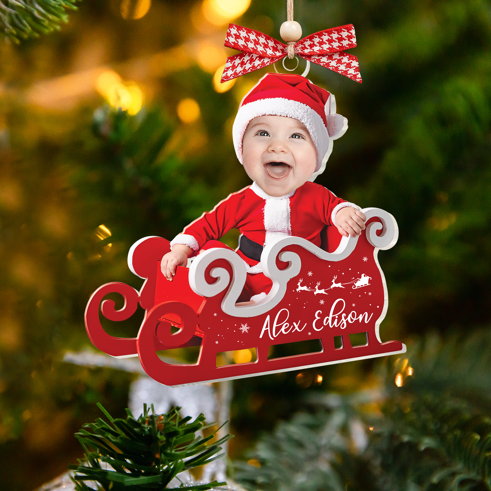 Personalized Baby in Sleigh Photo Ornaments, Adorable Newborn Baby Face Ornament CF612 - Kindlytoys