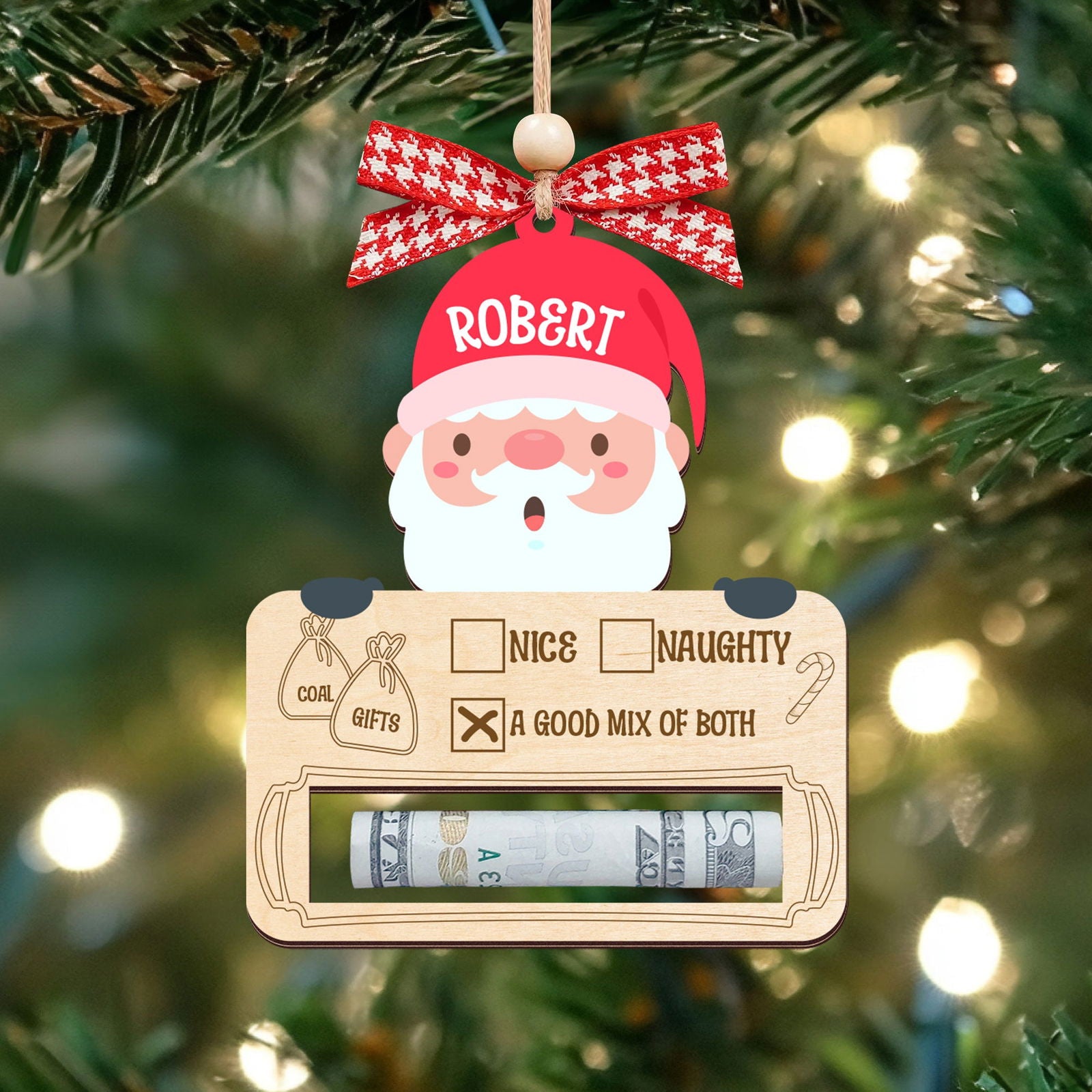 Personalized Money Holder Ornament With Name, Cute Christmas Wooden Cutout Ornament MH40 - Kindlytoys