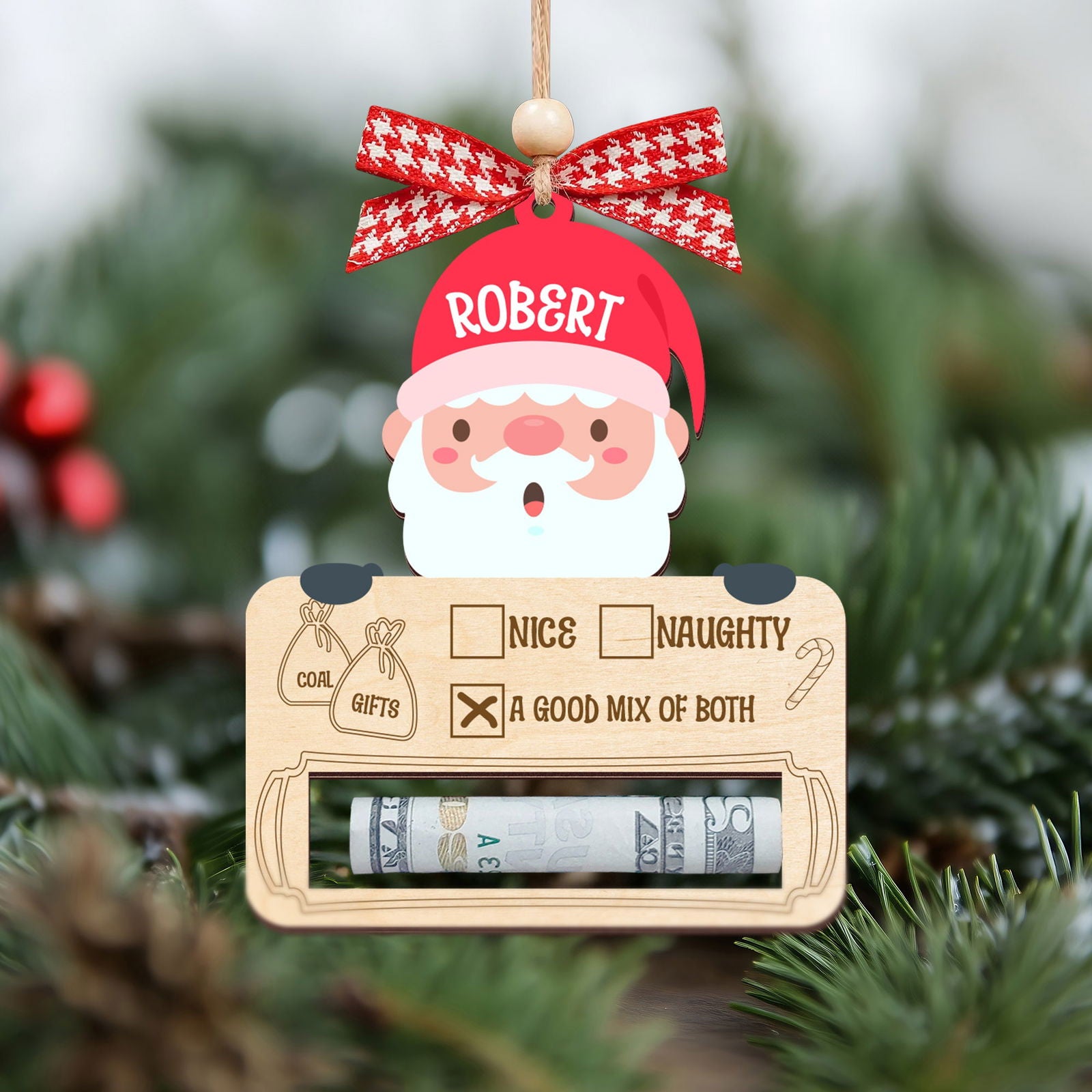Personalized Money Holder Ornament With Name, Cute Christmas Wooden Cutout Ornament MH40 - Kindlytoys