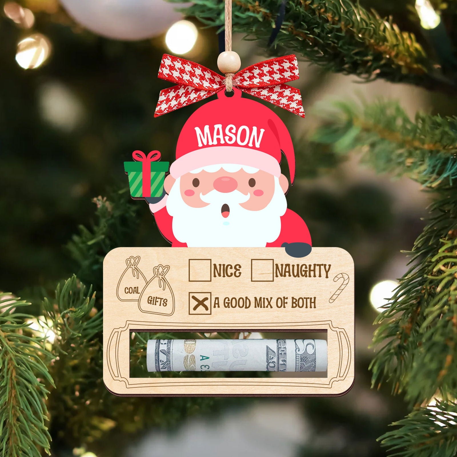 Personalized Money Holder Ornament With Name, Cute Christmas Wooden Cutout Ornament MH40 - Kindlytoys