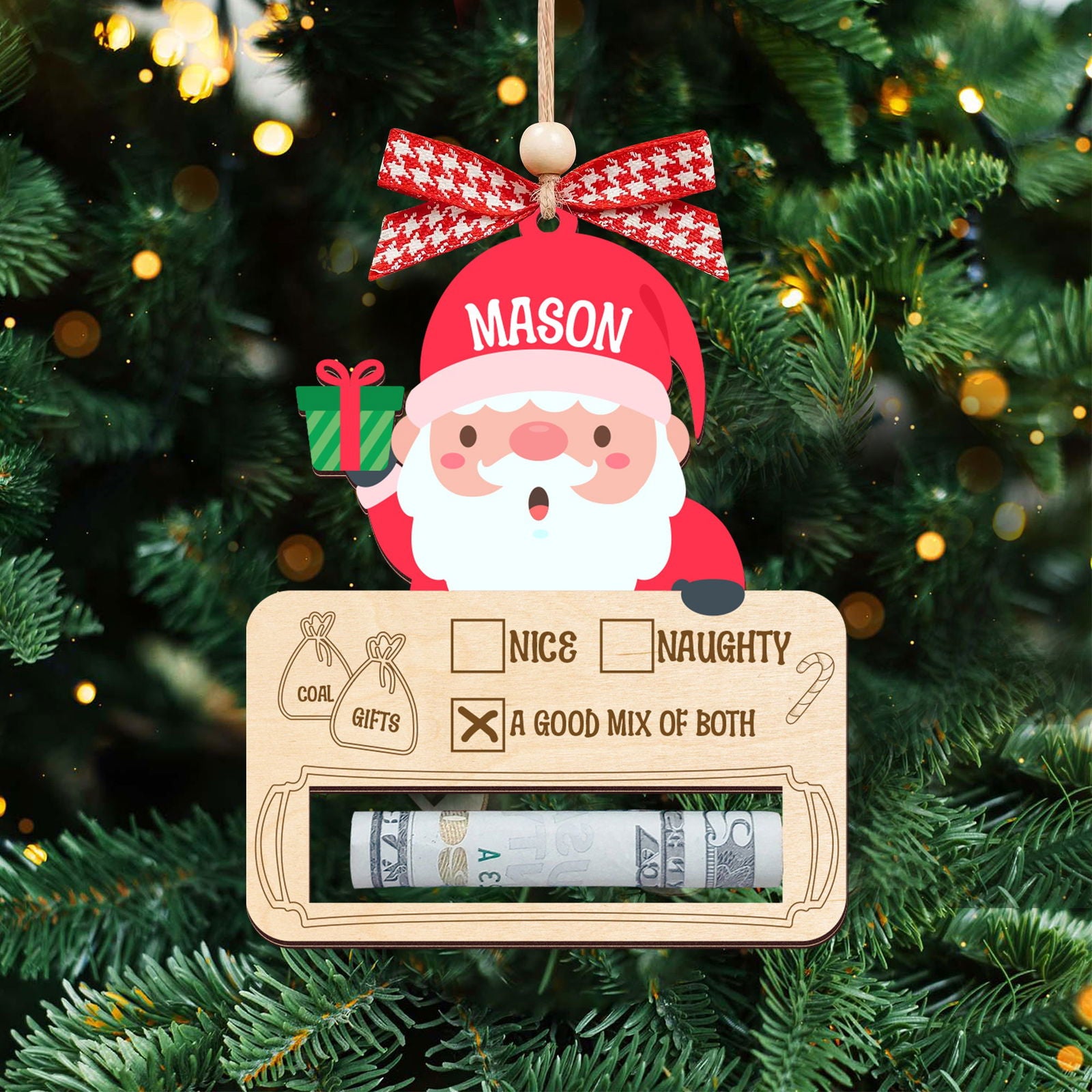 Personalized Money Holder Ornament With Name, Cute Christmas Wooden Cutout Ornament MH40 - Kindlytoys