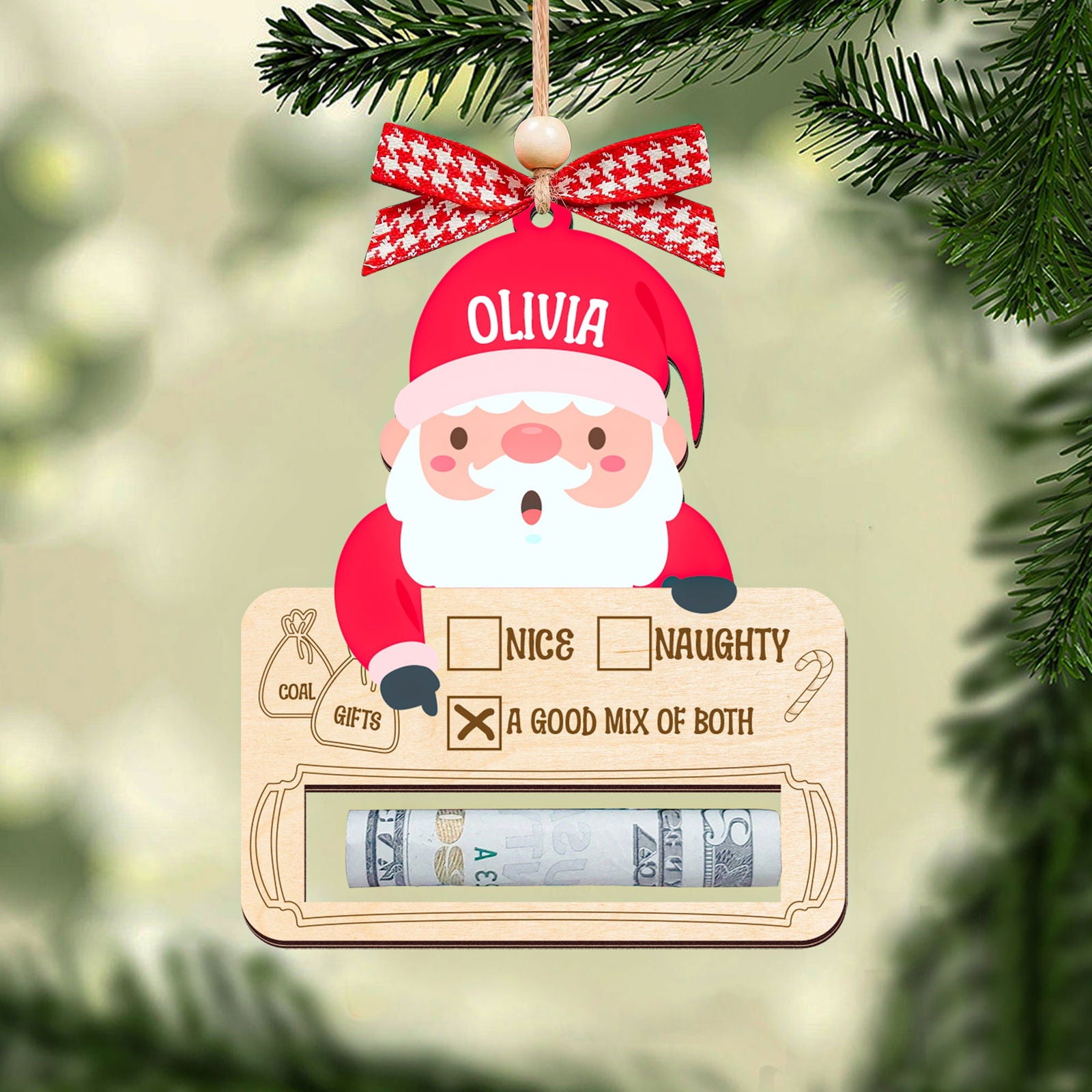 Personalized Money Holder Ornament With Name, Cute Christmas Wooden Cutout Ornament MH40 - Kindlytoys
