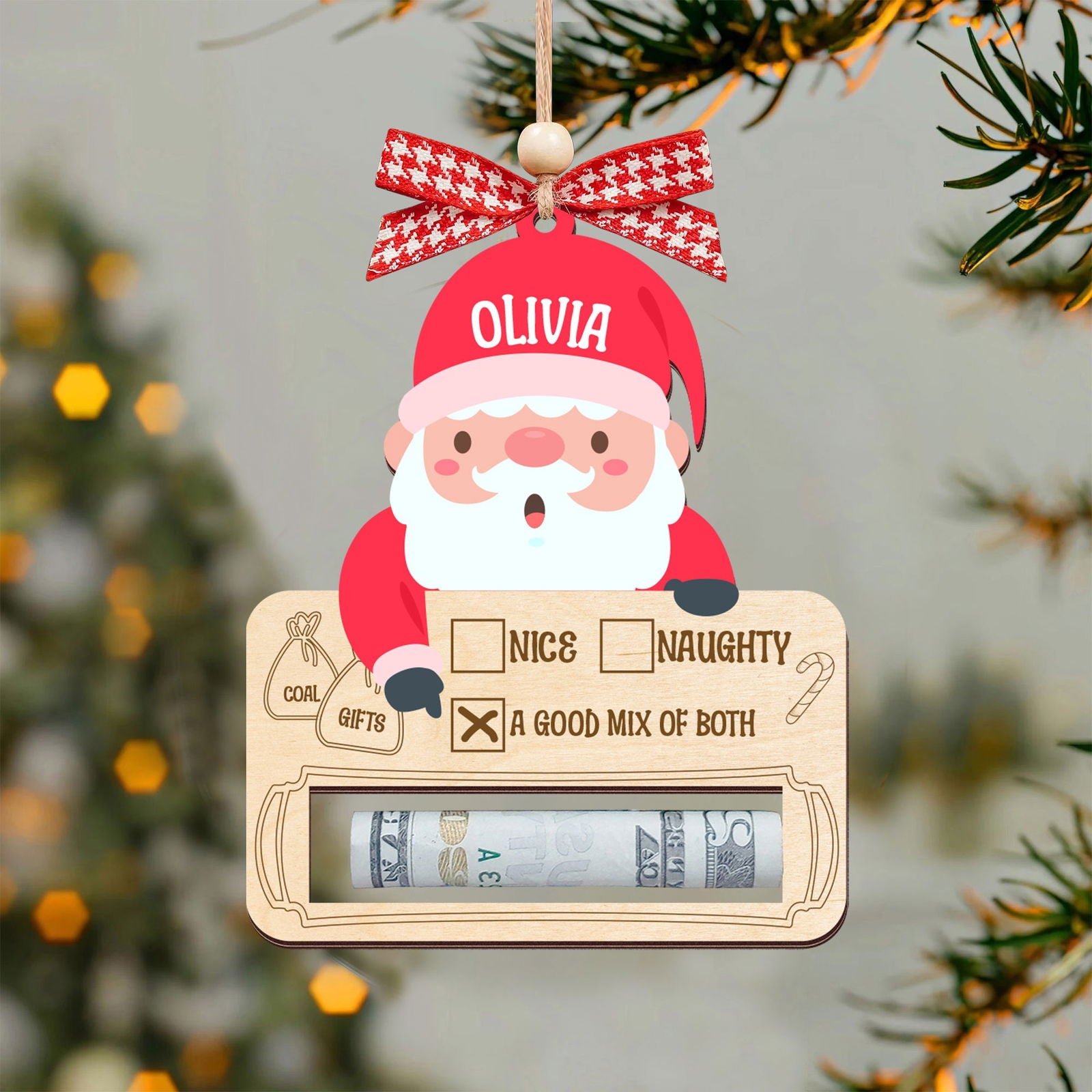 Personalized Money Holder Ornament With Name, Cute Christmas Wooden Cutout Ornament MH40 - Kindlytoys